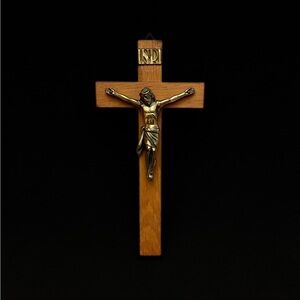 Vintage Wooden Crucifix Wall Cross | Brass Corpus INRI | Made in West Germany